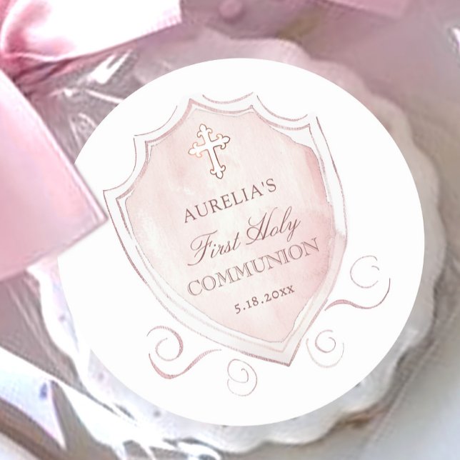 Elegant Pink Watercolor Crest First Communion Classic Round Sticker (Creator Uploaded)
