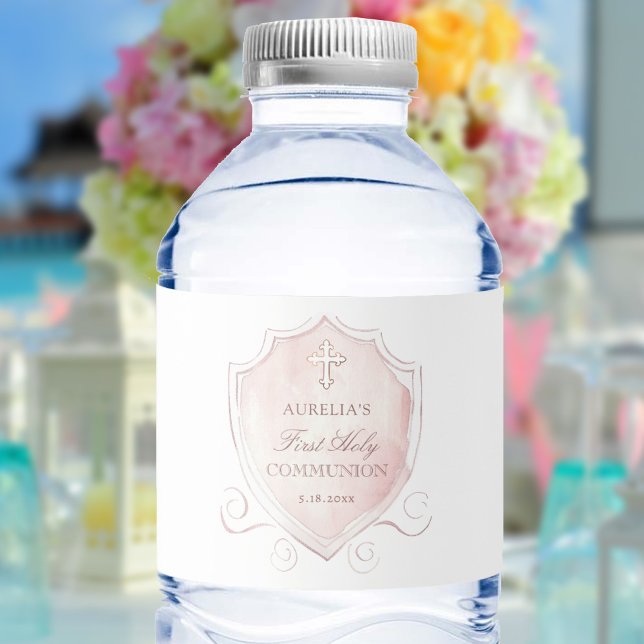 Elegant Pink Watercolor Crest First Communion Water Bottle Label (Creator Uploaded)
