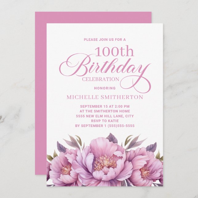 Elegant Pink Watercolor Floral 100th Birthday Invitation (Front/Back)
