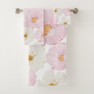 Elegant Pink Watercolor Floral Blooms Summer Bath Towel Set