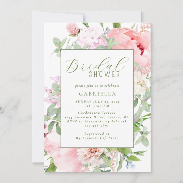 Elegant Pink Watercolor Floral Bridal Shower Invitation (Front)