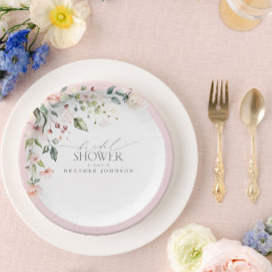 Elegant Pink Watercolor Floral Bridal Shower Paper Plate