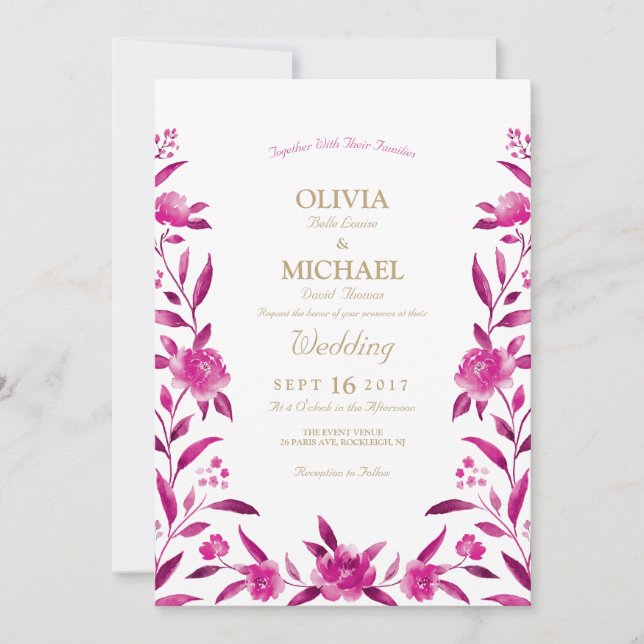 Elegant pink Watercolor floral Chinoiserie Wedding Invitation (Front)