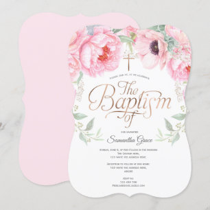Elegant, Pink, Watercolor, Floral, Christening Invitation