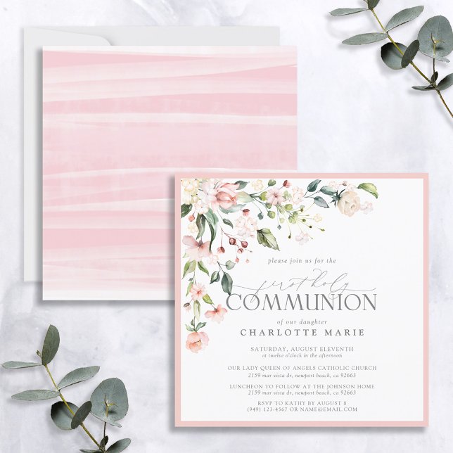 Elegant Pink Watercolor Floral First Communion Invitation (Creator Uploaded)