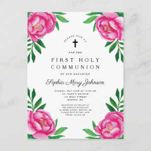 Elegant Pink Watercolor Floral First Communion Invitation Postcard