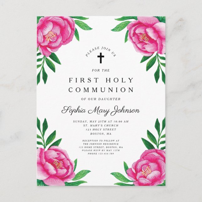 Elegant Pink Watercolor Floral First Communion Invitation Postcard (Front)