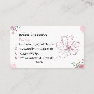 Elegant Pink Watercolor Floral Florist Business Card