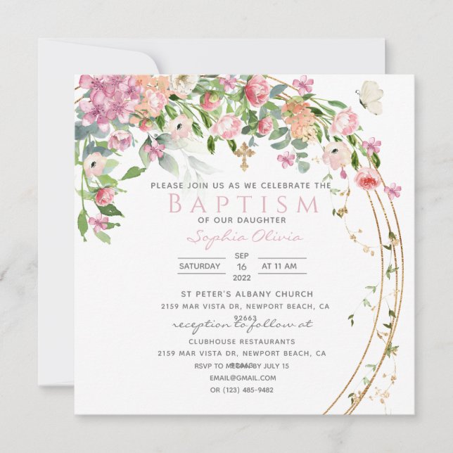 Elegant Pink Watercolor Floral Girl Baptism  (Front)