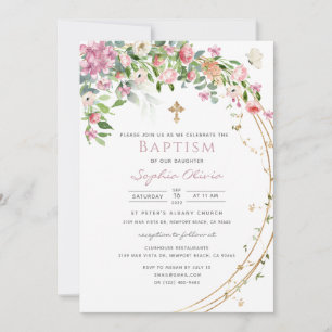 Elegant Pink Watercolor Floral Girl Baptism Invit Invitation