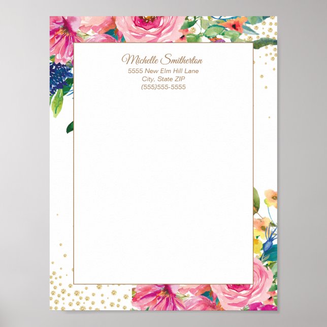 Elegant Pink Watercolor Floral Glitter Letterhead Poster (Front)