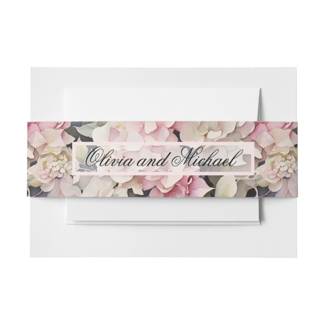 Elegant pink watercolor floral hydrangeas  invitation belly band (Front Example)