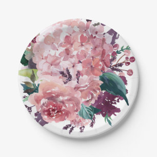 Elegant Pink Watercolor Floral   Hydrangeas Paper Plate