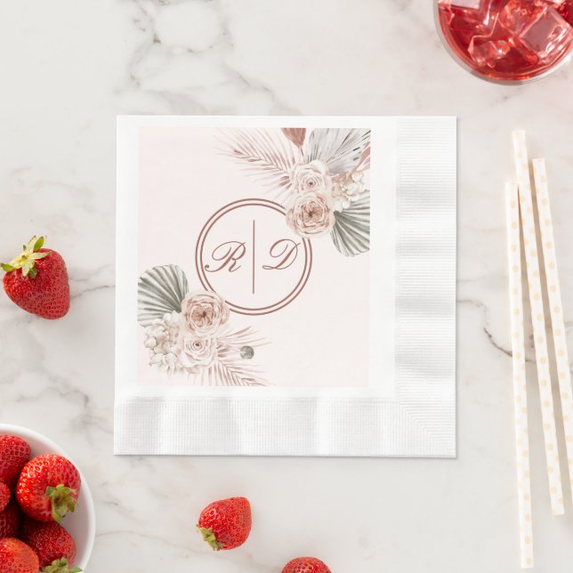Elegant Pink Watercolor Floral Monogram Wedding Napkin (Insitu)