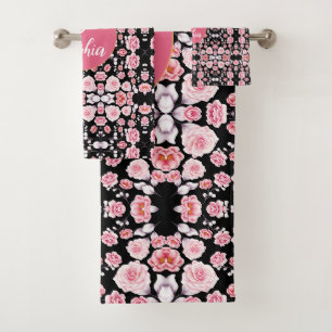 Elegant Pink Watercolor Floral Monogrammed Name Bath Towel Set