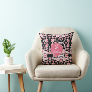 Elegant Pink Watercolor Floral Monogrammed Name Cushion