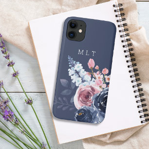 Elegant Pink Watercolor Floral Navy Blue Monogram iPhone 11 Case