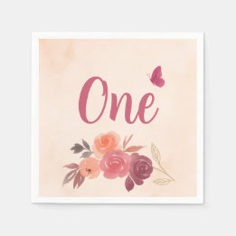 Elegant Pink Watercolor Floral One 1st Birthday Napkin
