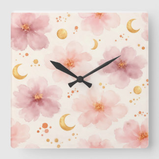 Elegant Pink Watercolor Floral Pattern Square Wall Clock