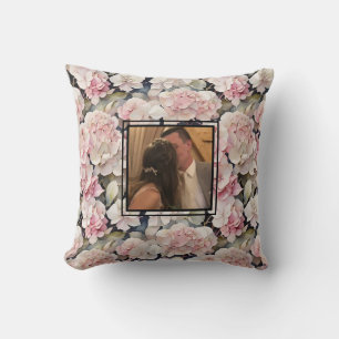 Elegant pink watercolor floral personalise photo cushion