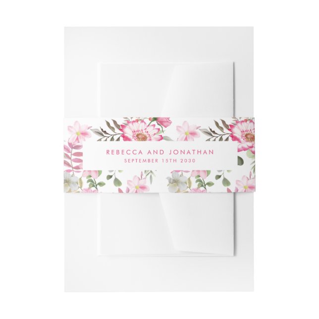 Elegant Pink Watercolor Floral Wedding Invitation Belly Band (Front Example)