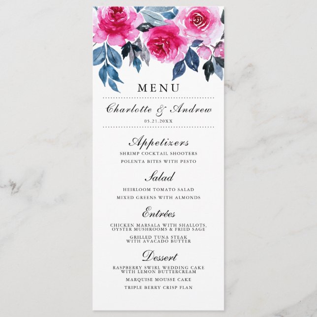 Elegant Pink Watercolor Floral Wedding Menu (Front)
