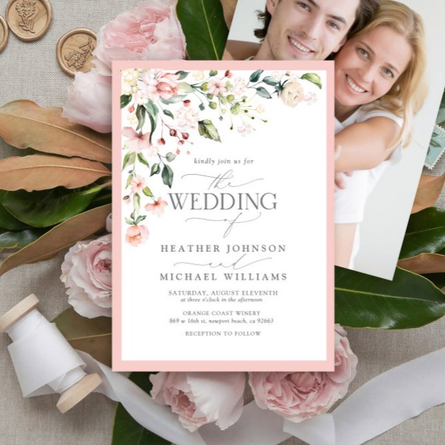 Elegant Pink Watercolor Floral Wedding Photo Invitation (Creator Uploaded)