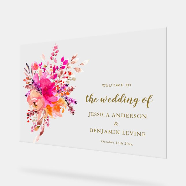 Elegant Pink Watercolor Floral Wedding Welcome  Acrylic Sign (Angle)