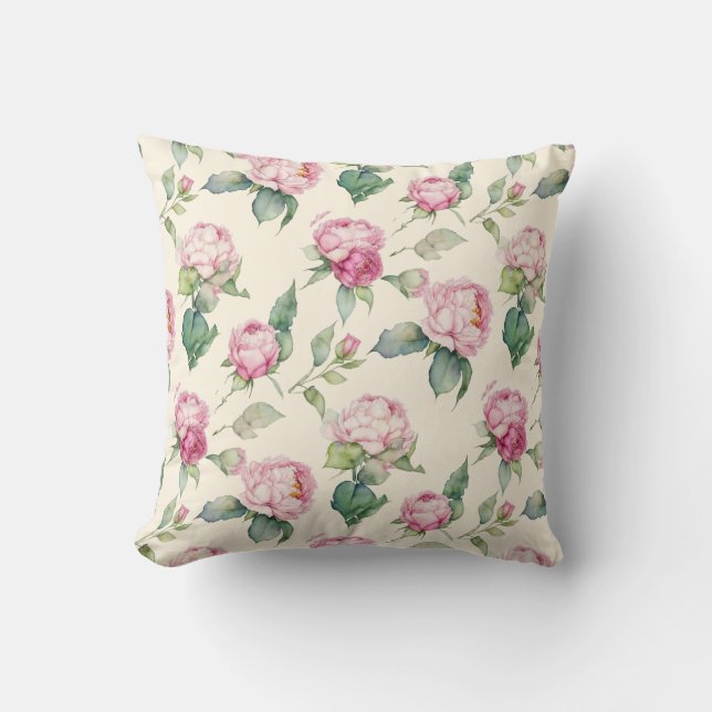 Elegant pink watercolor florals peonies roses cushion (Front)