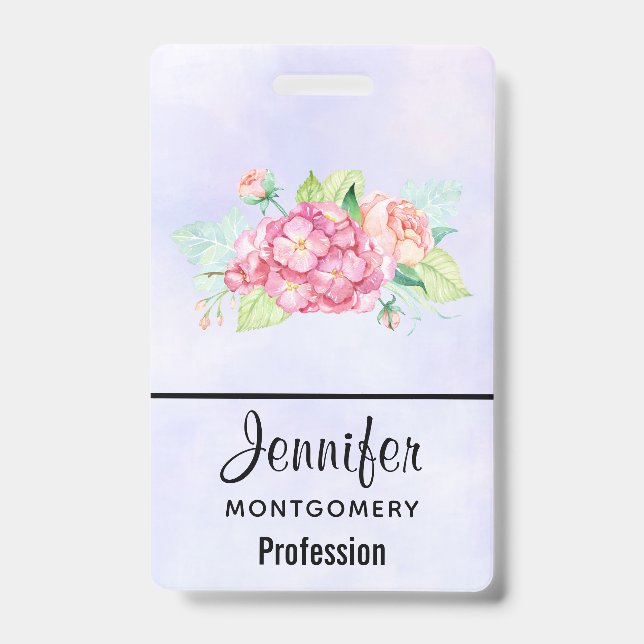 Elegant Pink Watercolor Flower Bouquet ID Badge (Front)