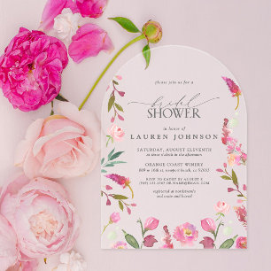 Elegant Pink Watercolor Flowers Bridal Shower Acrylic Invitations
