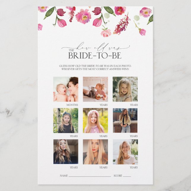 Elegant Pink Watercolor Flowers Bridal Shower Game (Front)