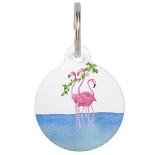 Elegant pink watercolor hand painted flamingo pet tag