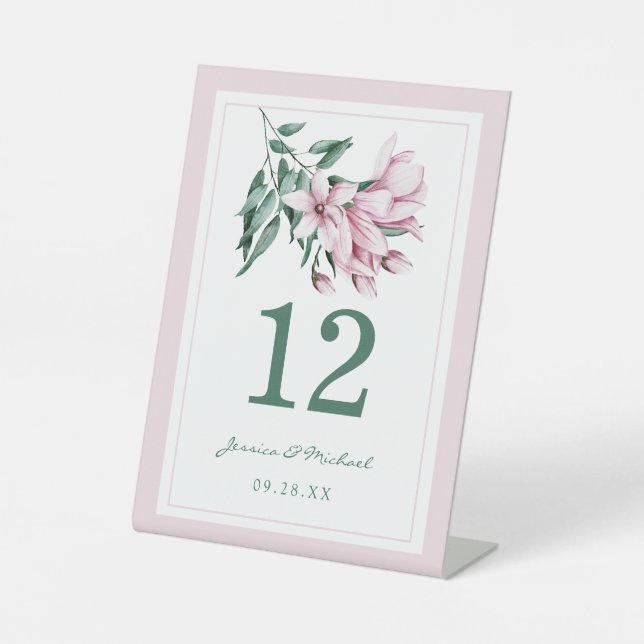 Elegant Pink Watercolor Magnolia Floral Wedding Pedestal Sign (Front)