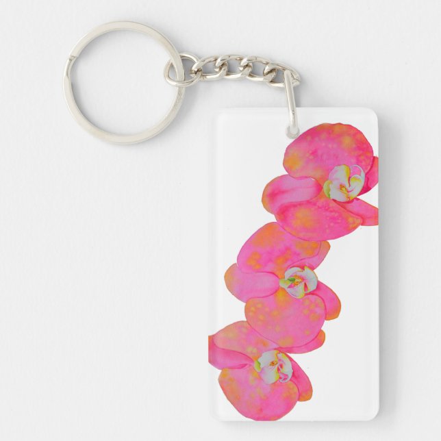 Elegant pink watercolor orchid painting tropical key ring (Front)