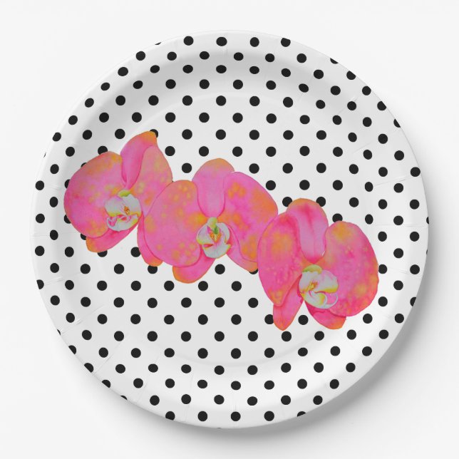 Elegant Pink watercolor Orchids | polka dots  Paper Plate (Front)