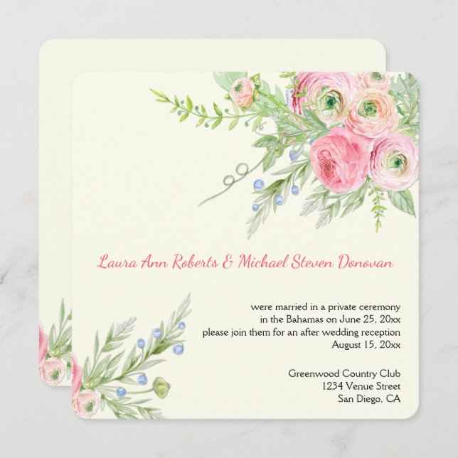 Elegant Pink Watercolor Paper Roses Weddings Invitation (Front/Back)