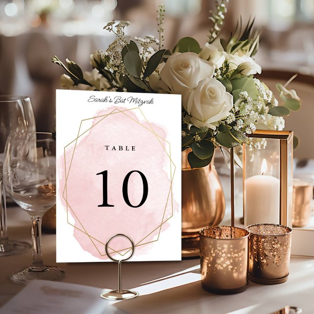 Elegant Pink Watercolor Personalised Bat Mitzvah Table Number (Creator Uploaded)