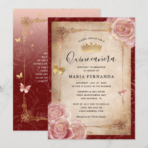 Elegant Pink Watercolor Rose Gold Quinceanera Invitation