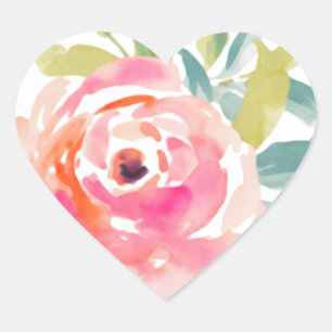 Elegant pink watercolor roses floral heart sticker
