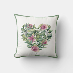 Elegant Pink Watercolor Roses Greenery Wreath Cushion