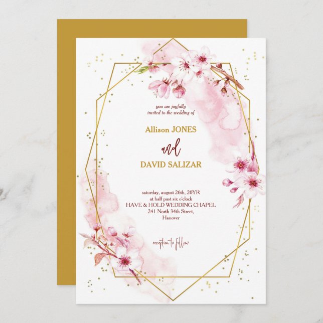 Elegant Pink Watercolor Sakura Floral Wedding Invitation (Front/Back)