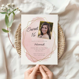 Elegant Pink Watercolor Sweet 16 Photo Birthday Invitation