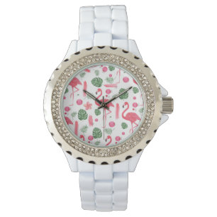 Elegant pink watercolor tropical flamingo floral watch