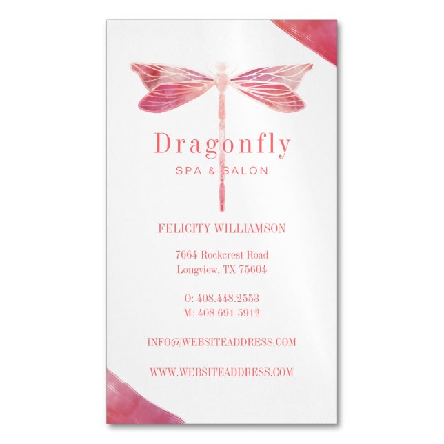Elegant Pink Watercolor Wash Dragonfly Logo Magnetic Business Card (Front Vertical)