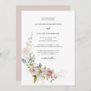 Elegant Pink Watercolor Wildflower Floral Wedding Invitation