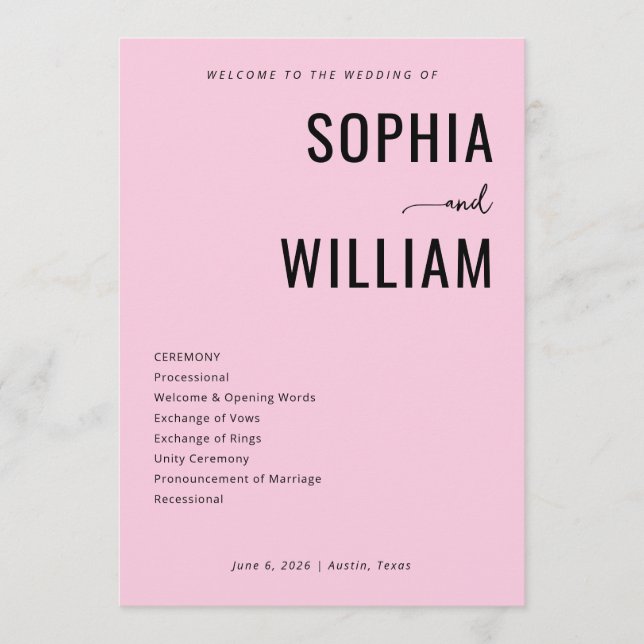 Elegant Pink Wedding Ceremony Program (Front)
