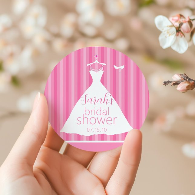 Elegant Pink Wedding Dress Bridal Shower Classic Round Sticker (Creator Uploaded)