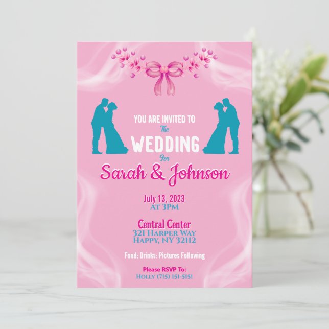 Elegant Pink Wedding Invitation (Standing Front)