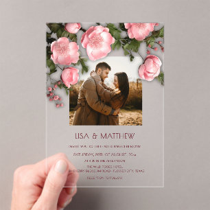 Elegant Pink White 3D Roses Wedding Acrylic Invitations